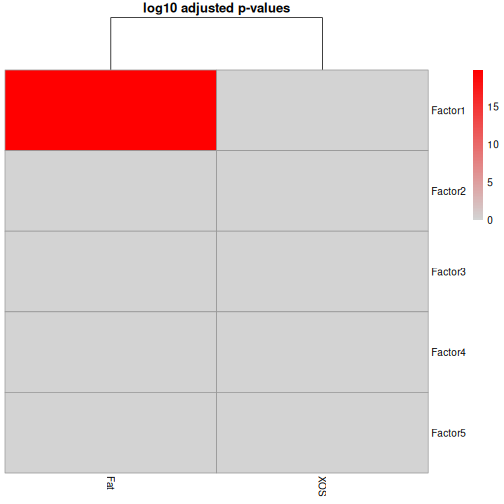 Heatmap of the minus log10 adjusted p-values of the correlation between each MOFA factor (rows) and the fat in the diet and XOS (columns). Only factor 1 and fat has a strong signal.