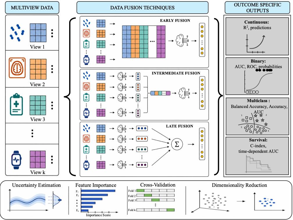 Diagram of three data fusion strategies. Early fusion: the tables of all views are joined side by side into one table, and one model is trained on it. Intermediate fusion: a model is trained on each view, their outputs are joined, and one more model is trained on them. Late fusion: a model is trained on each view, and their predictions are combined into one final prediction. On the right, the outputs for continuous, binary, multiclass and survival outcomes; at the bottom, uncertainty estimation, feature importance, cross-validation and dimensionality reduction.