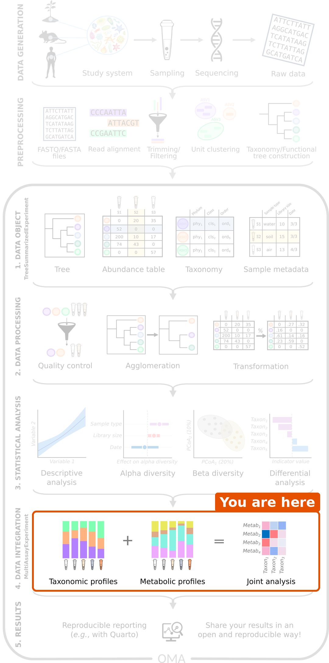 Microbiome data science workflow with the data integration step highlighted: taxonomic profiles and metabolic profiles are combined in a joint analysis.
